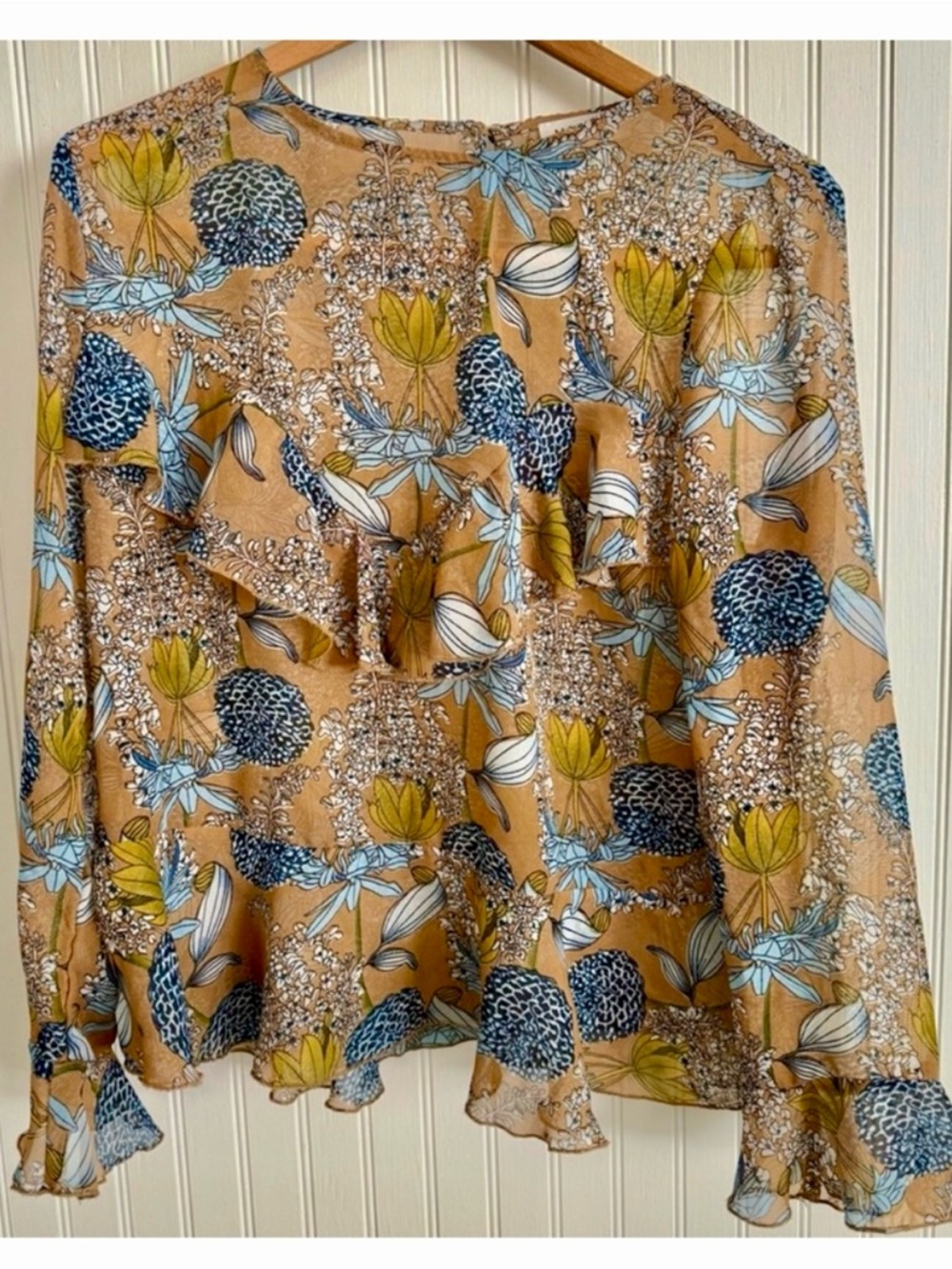 Molly Bracken Floral Ruffle Blouse Size S with Blue and Yellow Accents